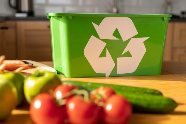 Cesta de reciclaje en la mesa de la cocina