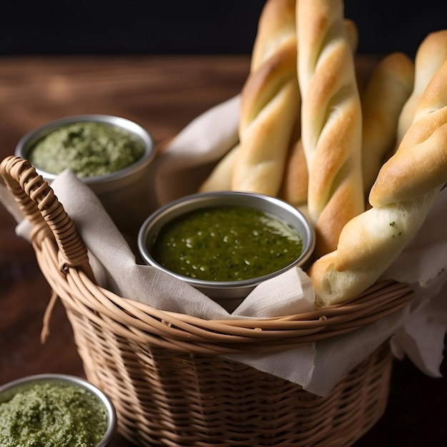 Foto gratuita cesta con salsa de pesto de albahaca y palitos de pan sobre un fondo oscuro