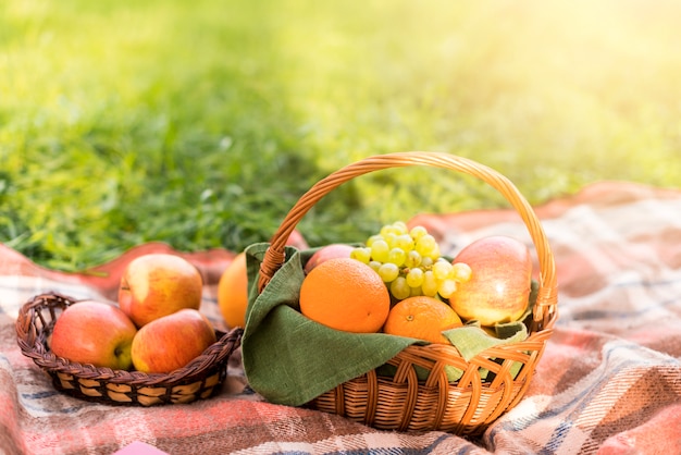 Foto gratuita cestas de frutas en manta de picnic en el parque