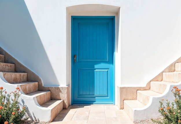 Charming blue door and stone staircase exterior