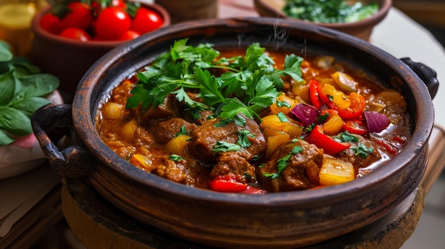 Foto gratuita chashushuli plato tradicional georgiano de ternera estofada con cebollas y pimientos el plato se encuentra