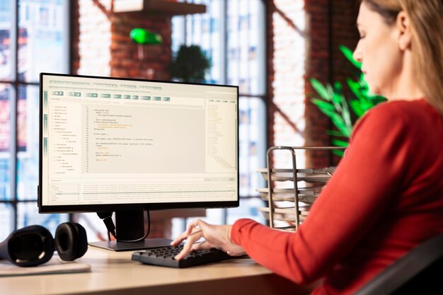Un chatbot de IA ayudando a una trabajadora independiente a través de una interfaz sin problemas en una PC