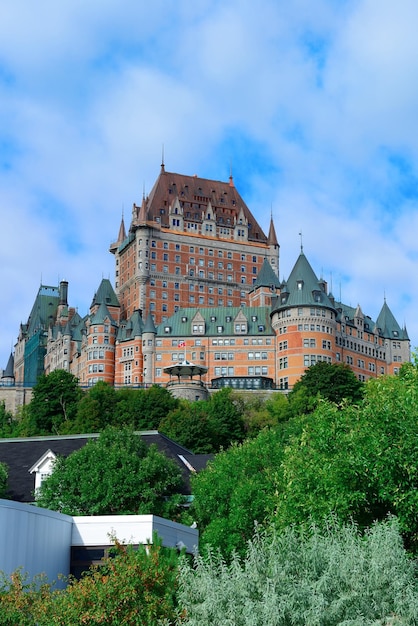 Chateau Frontenac en el día con nubes y cielo azul en la ciudad de Quebec