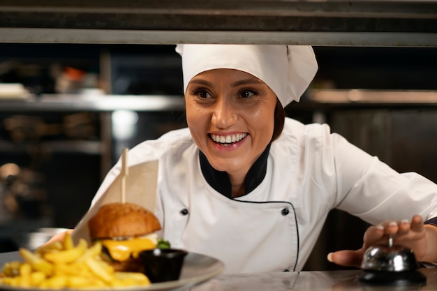 Foto gratuita chef cocinando en la cocina mientras lleva ropa profesional