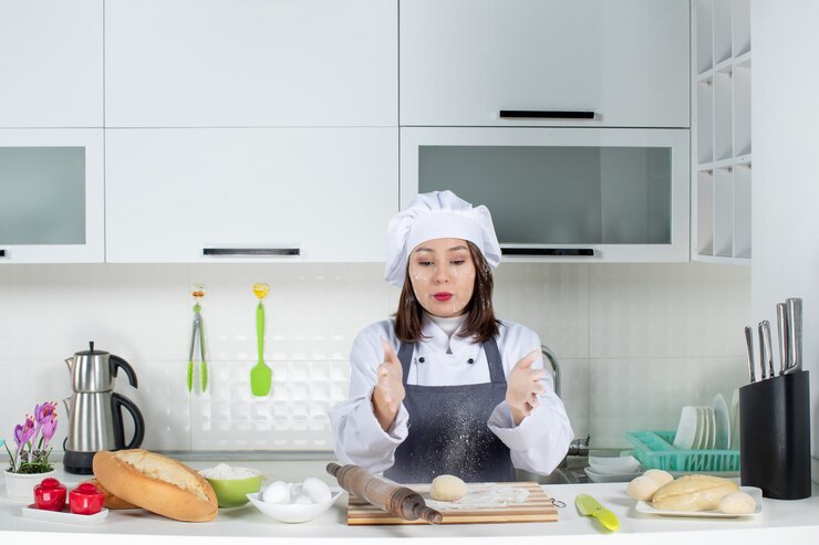 Foto gratuito chef de comis femenino en uniforme de pie detrás de la mesa manchando su rostro con harina en la cocina blanca