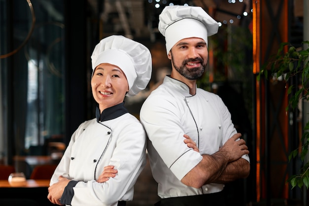 Foto gratuita chef profesional de tiro medio trabajando juntos