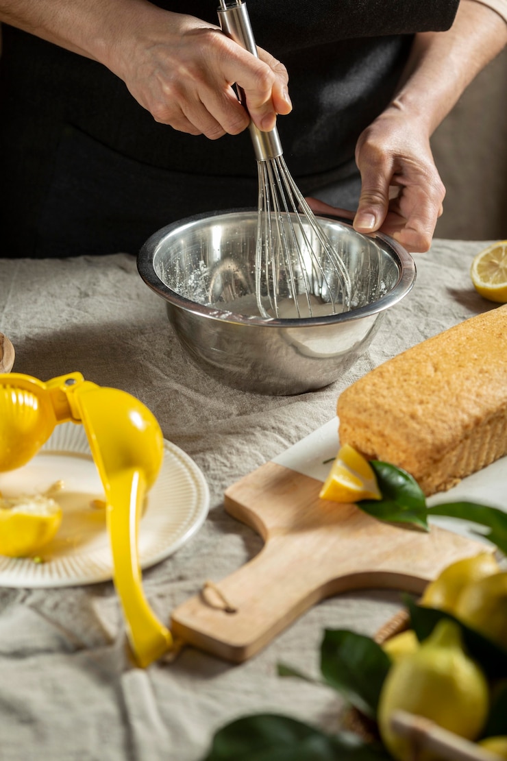 Foto gratuito chef de repostería con batidor de ingredientes de la torta