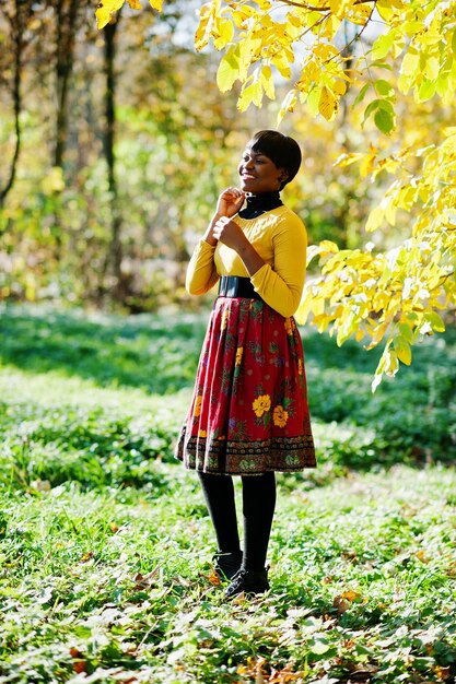 Chica afroamericana en vestido amarillo y rojo en el parque de otoño