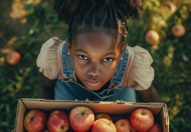 Chica de alto ángulo sosteniendo caja con manzanas