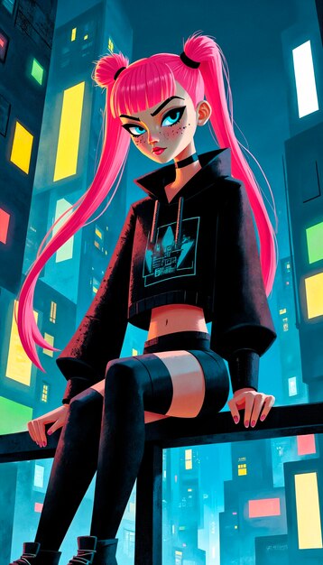 Chica de anime con cabello rosa en un paisaje urbano