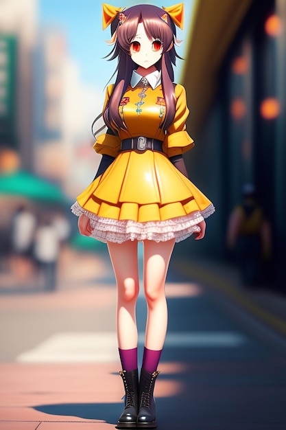 Chica anime en la calle con un vestido amarillo.