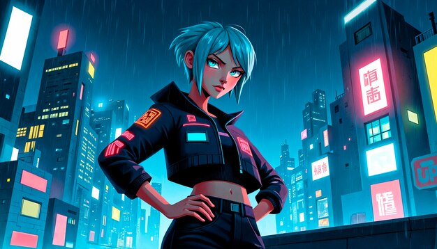 Chica de anime cyberpunk en una ciudad cubierta de lluvia
