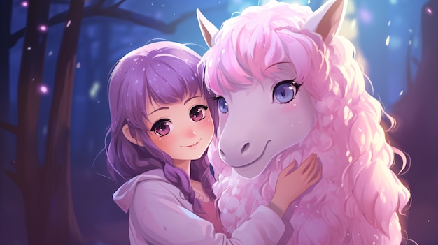 Chica de anime de disparo medio abrazando al unicornio