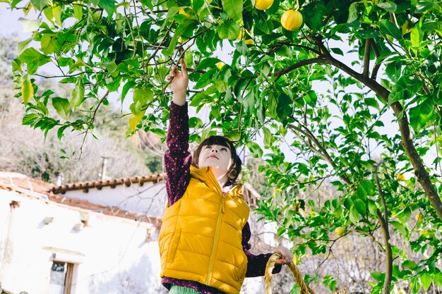 Chica bajo el árbol de limón