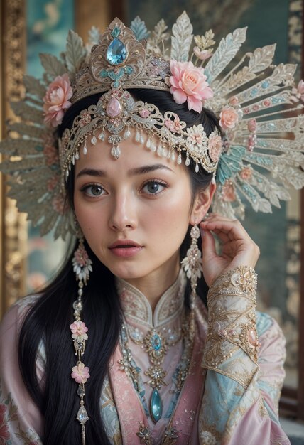 Chica asiática con corona y accesorios de lujo