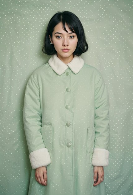 Una chica asiática con un largo abrigo verde.