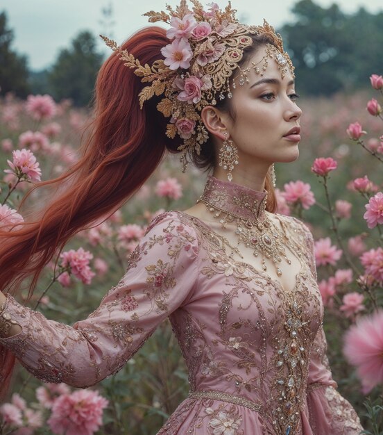 Chica asiática con el pelo rojo largo en un campo de claveles