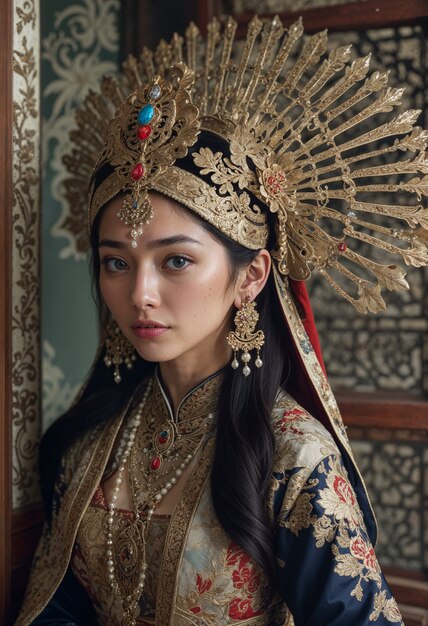 La chica asiática con el tocado dorado en el palacio