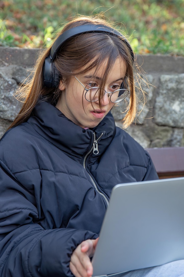 Foto gratuito una chica con auriculares trabaja en una computadora portátil.