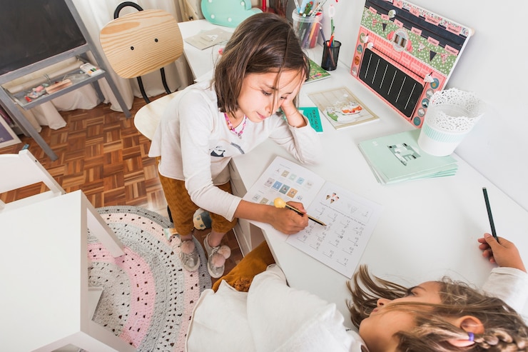 Foto gratuito chica ayudando a la hermana aburrida con la tarea