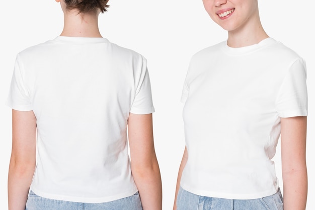 Chica en camiseta blanca sesión de ropa juvenil