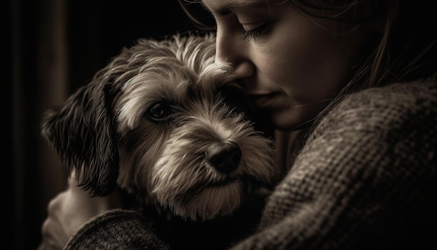 Foto gratuita chica caucásica abrazando a un lindo cachorro de terrier sonriendo con felicidad generada por ia