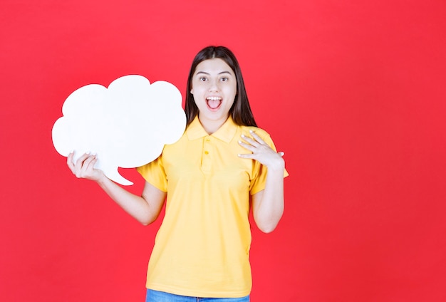 Chica en código de vestimenta amarillo sosteniendo un tablero de información en forma de nube y parece emocionada o aterrorizada.