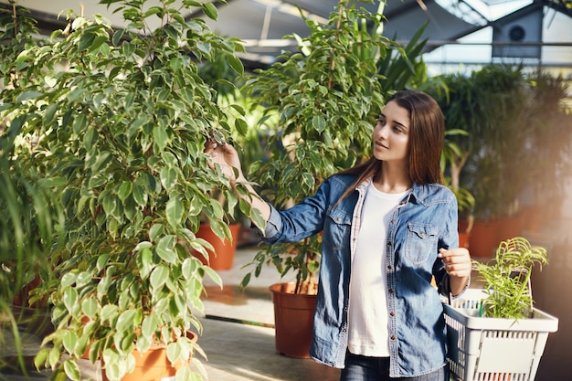 Chica comprando plantas en un mercado con camisa azul.