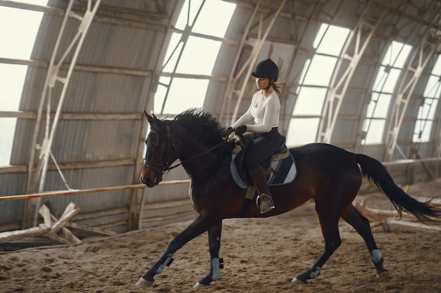 Chica elegante en una granja con un caballo