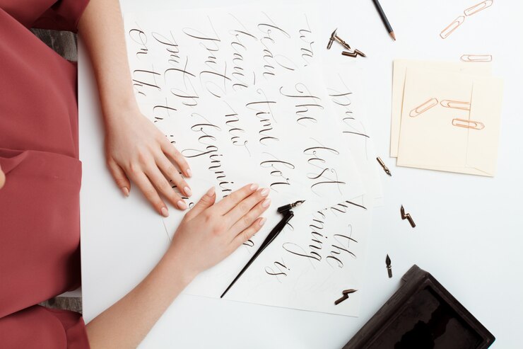 Foto gratuito chica escribiendo caligrafía en postales. diseño artístico. encima.