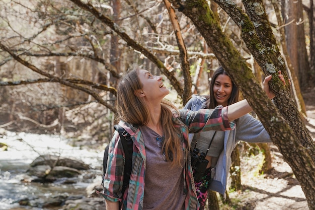 Foto gratuita chica feliz mirando hacia arriba en el campo