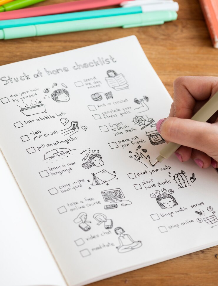 Foto gratuito chica garabateando y haciendo una lista de verificación en un cuaderno