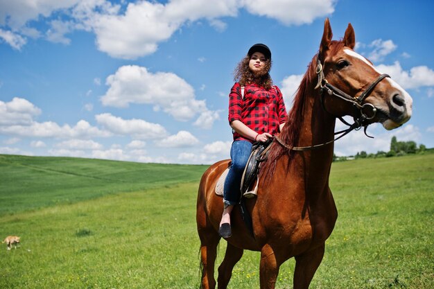 Chica guapa joven montando un caballo en un campo en un día soleado