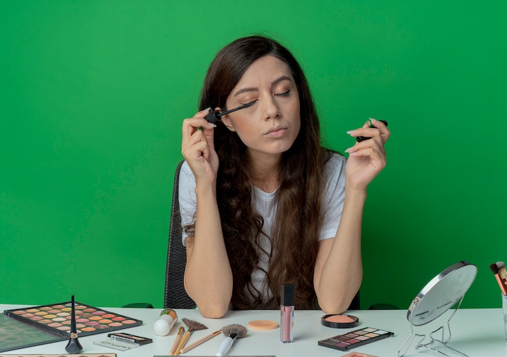 Foto gratuito chica guapa joven sentada en la mesa de maquillaje con herramientas de maquillaje aplicando rímel con los ojos cerrados aislado sobre fondo verde