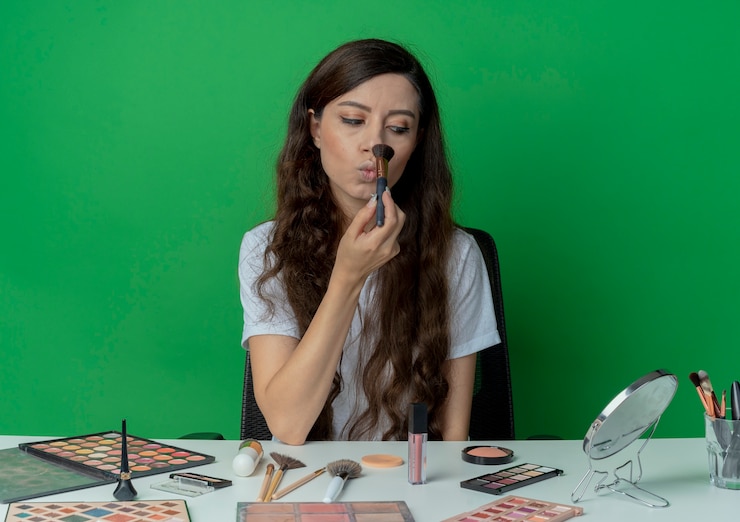 Foto gratuito chica guapa joven sentada en la mesa de maquillaje con herramientas de maquillaje mirando en el espejo sosteniendo un cepillo de polvo y tocando la nariz con él aislado sobre fondo verde