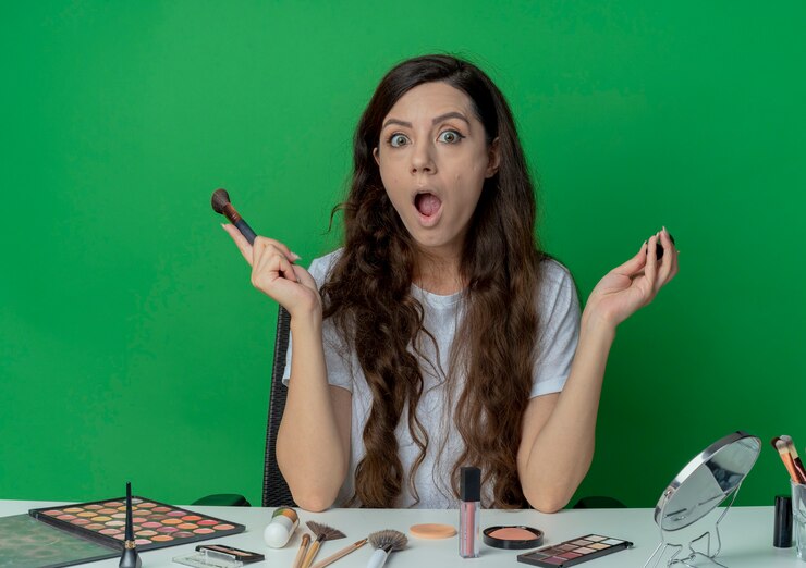 Foto gratuito chica guapa joven sorprendida sentada en la mesa de maquillaje con herramientas de maquillaje con pinceles de rubor y polvo aislados sobre fondo verde