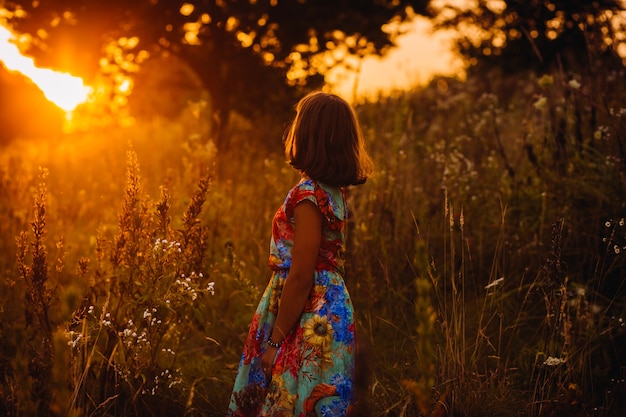 Chica guapa en un vestido brillante plantea en el campo