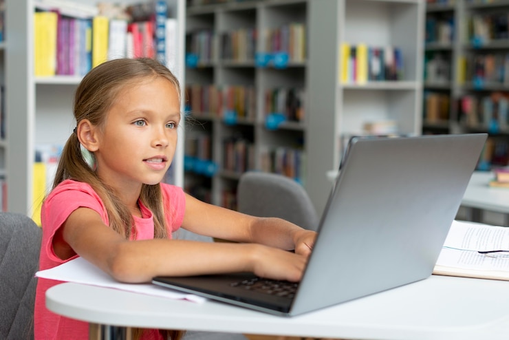 Foto gratuito chica haciendo sus deberes en la computadora portátil en la biblioteca