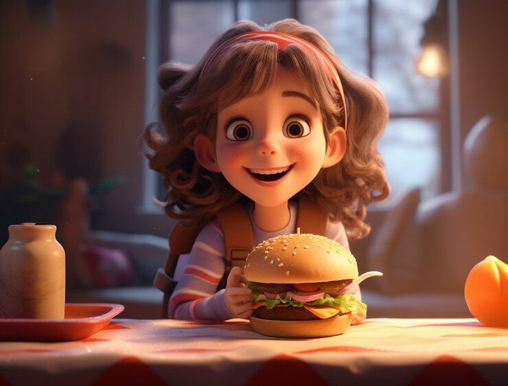 Foto gratuito chica joven con deliciosa hamburguesa 3d