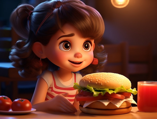 Chica joven con deliciosa hamburguesa 3d