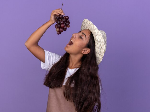 Chica joven jardinero en delantal y sombrero de verano sosteniendo racimo de uva sobre su boca para probar de pie sobre la pared púrpura