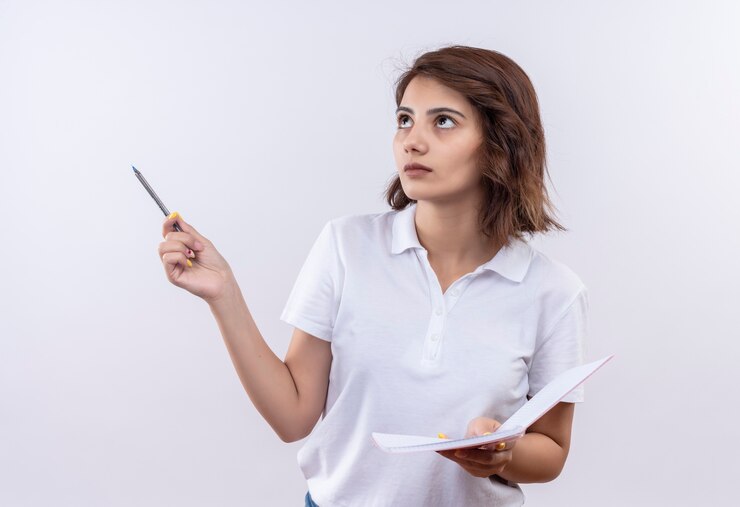 Foto gratuito chica joven con pelo corto vistiendo camisa polo blanca sosteniendo cuaderno y bolígrafo mirando a un lado con expresión pensativa