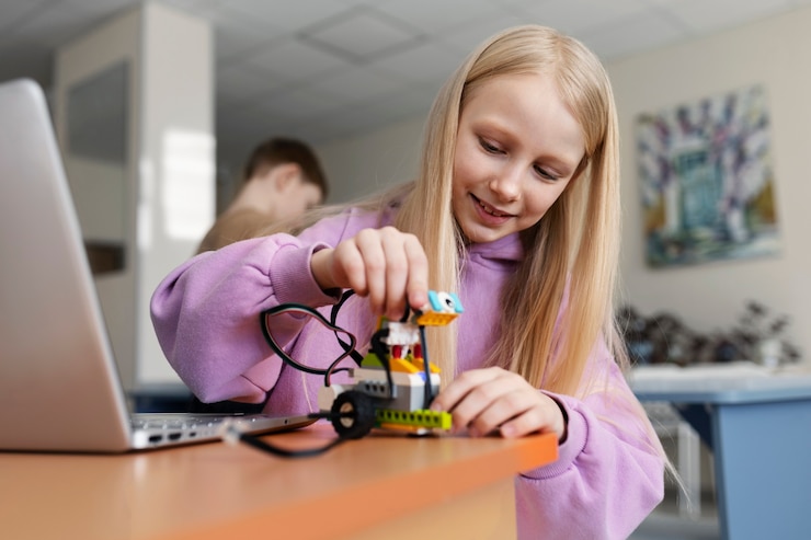Foto gratuito chica joven que usa una computadora portátil y piezas electrónicas para construir un robot