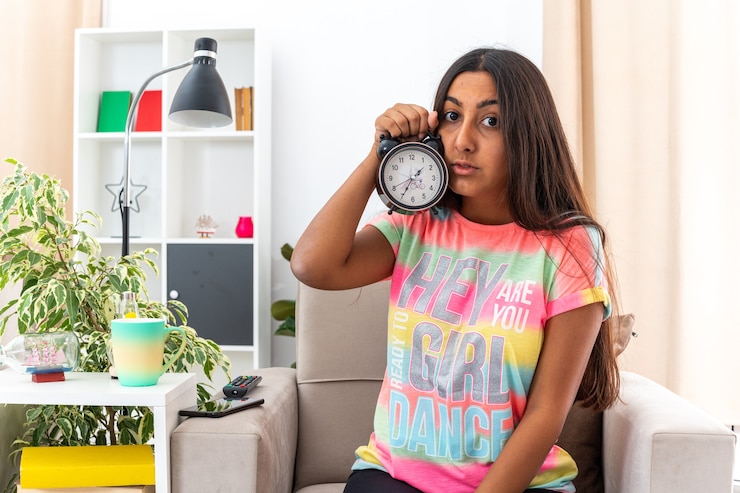 Foto gratuito chica joven en ropa casual con alarma mirando preocupado y confundido reloj sentado en la silla en la sala de luz