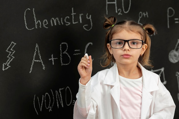 Chica en laboratorio con abrigo