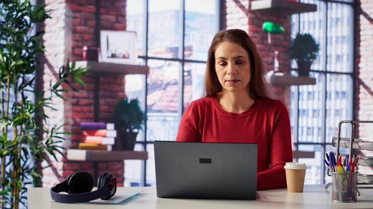 Foto gratuito una chica madura freelance administrando sus proyectos creativos remotamente en el loft