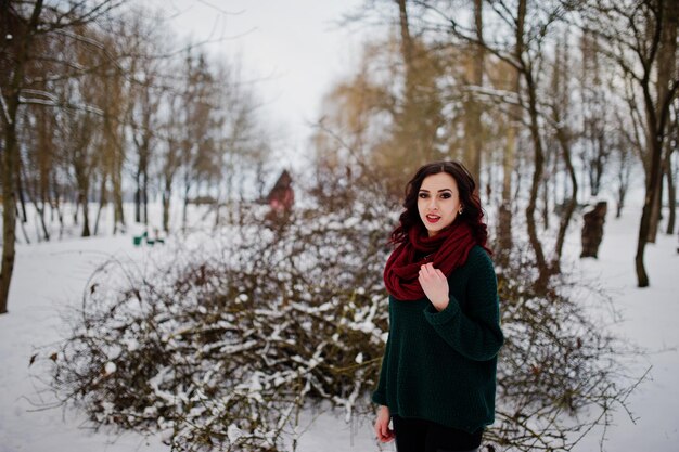 Chica morena en suéter verde y bufanda roja al aire libre en el día de invierno por la noche