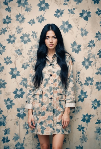 Chica morena con vestido floral en la habitación floral