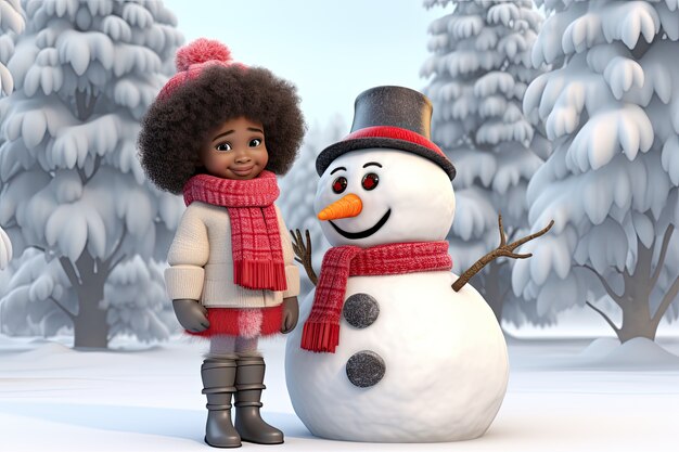 Chica con muñeco de nieve al aire libre