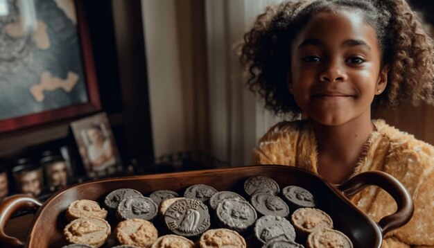 Chica de pelo rizado disfruta de galletas caseras en interiores generadas por IA